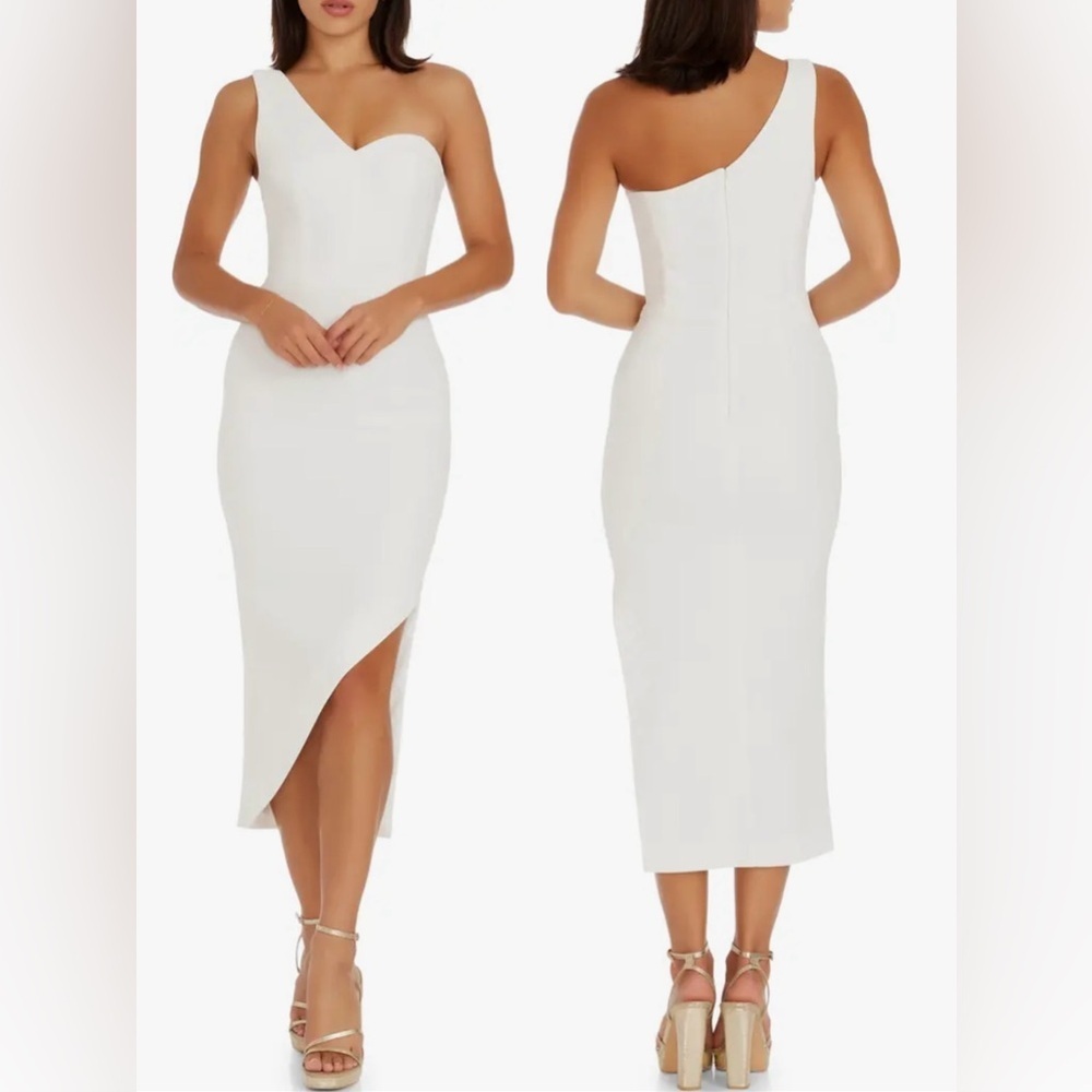 NEW Dress the Population Magnolia One-Shoulder Asymmetric Body-Con Midi Dress S